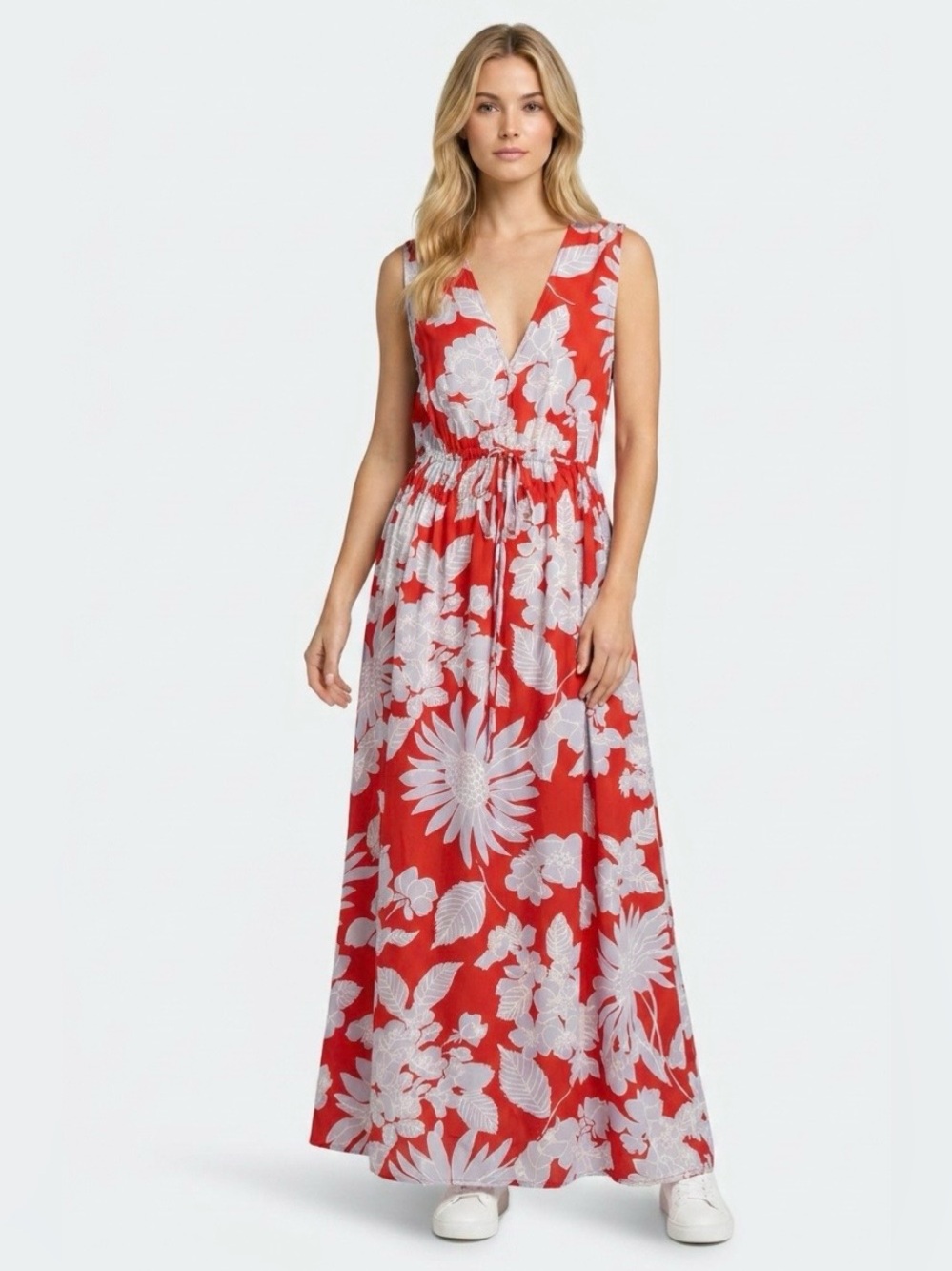 GAP Red Floral V-Neck Maxi Dress with Tie Waist